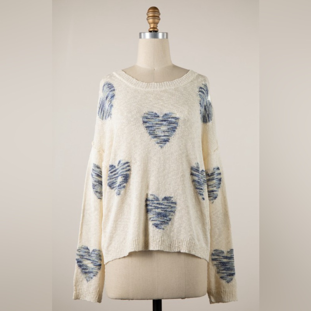 Cream Sweater with Blue Heart Pattern